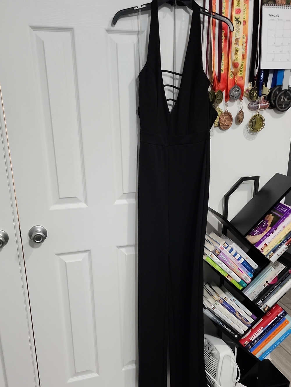 Charlotte Russe Black Backless Halter Jumpsuit with Strappy V-Neck